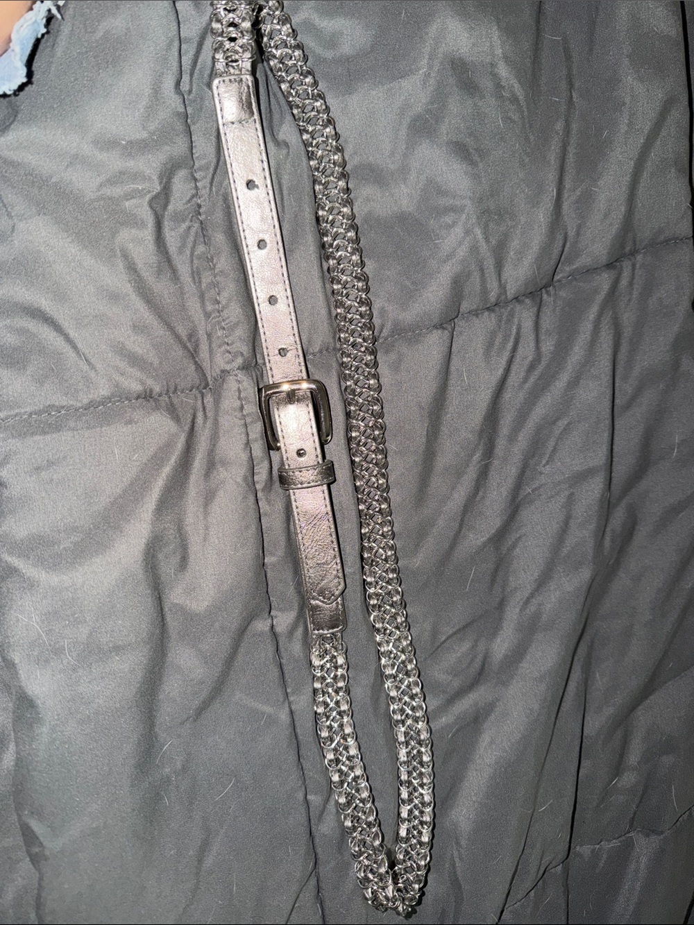 Women's Metallic Silver Chain-Trim Leather Belt 34”